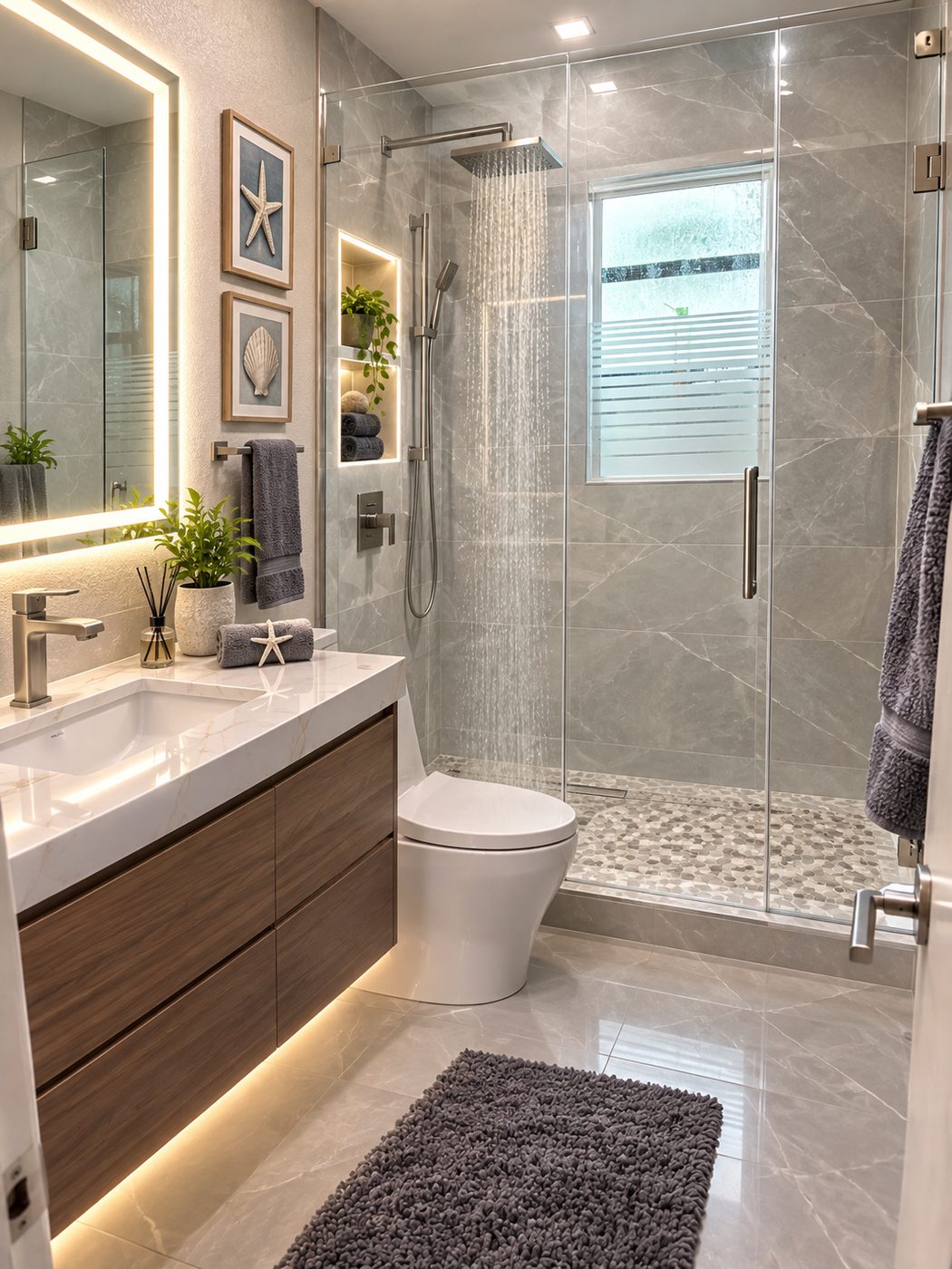 After: finished Fort Lauderdale Beach bathroom with frameless glass shower, floating vanity and backlit mirror